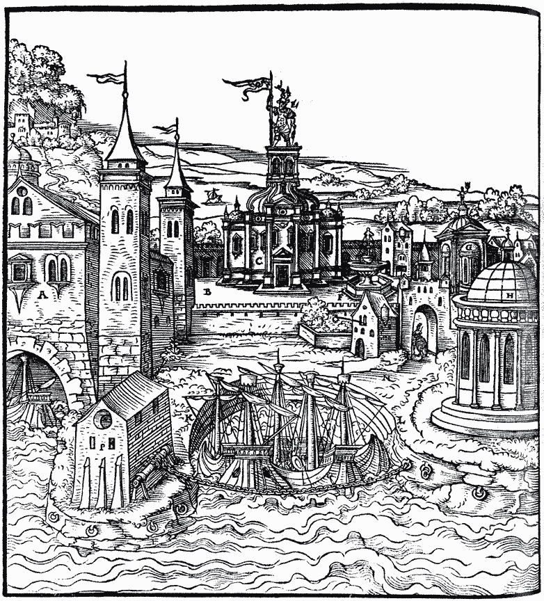 Harbour and mausoleum at Halicarnassus, woodcut by Peter Flotner, from Vitruvius Teutsch (Nuremberg 1598)